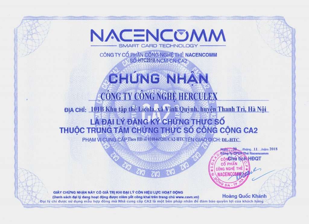 Giấy chứng nhận đại lý HERCULEX do Nacencomm phát hành
